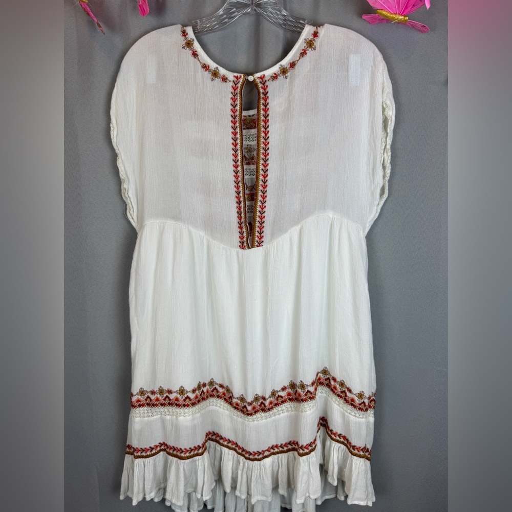 Free People Sunrise Wanderer Ivory Orange Embroidered Mini Dress - Size Small - Picture 7 of 16